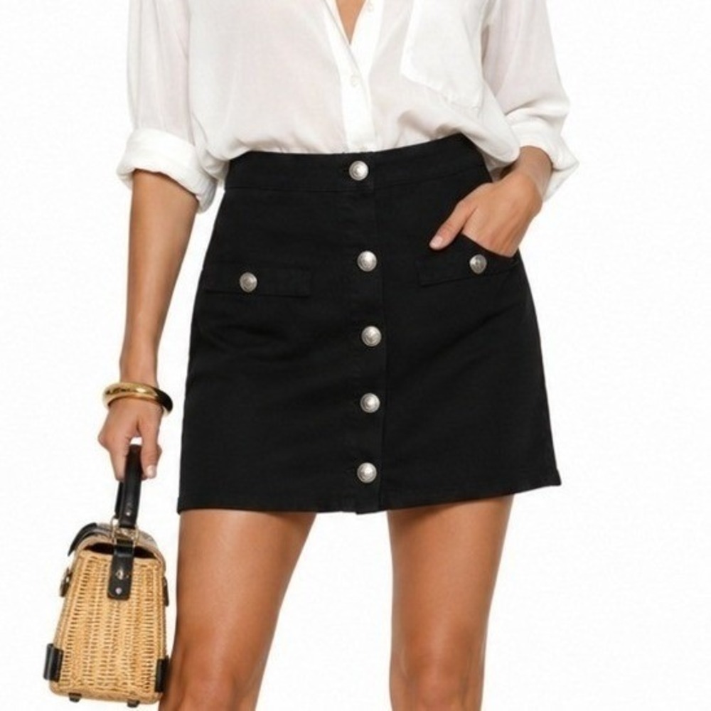 L'AGENCE Kris Black Cotton Button Front Mini Skirt Silver Crest Buttons Size 26